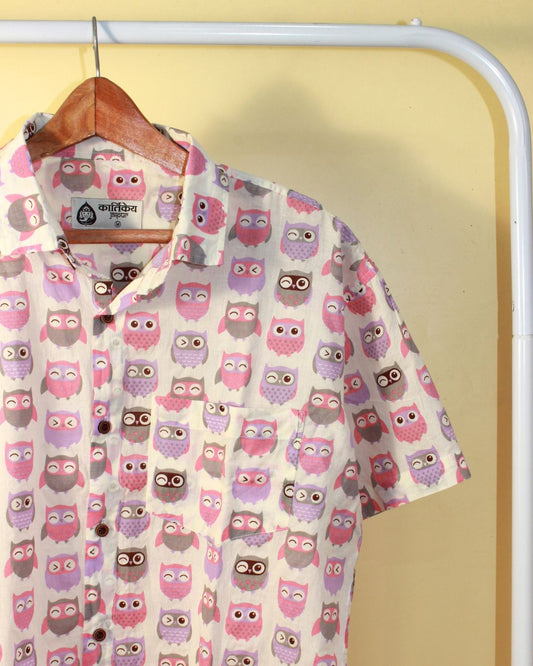 Half Sleeve Shirt for Men in Cute Owl Print