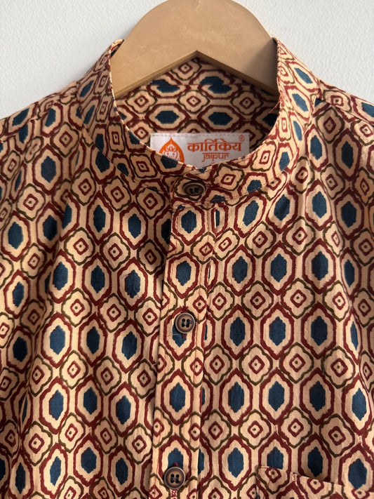 Ajrakh Print Men's Half Sleeves Cotton Shirt -Mandarin