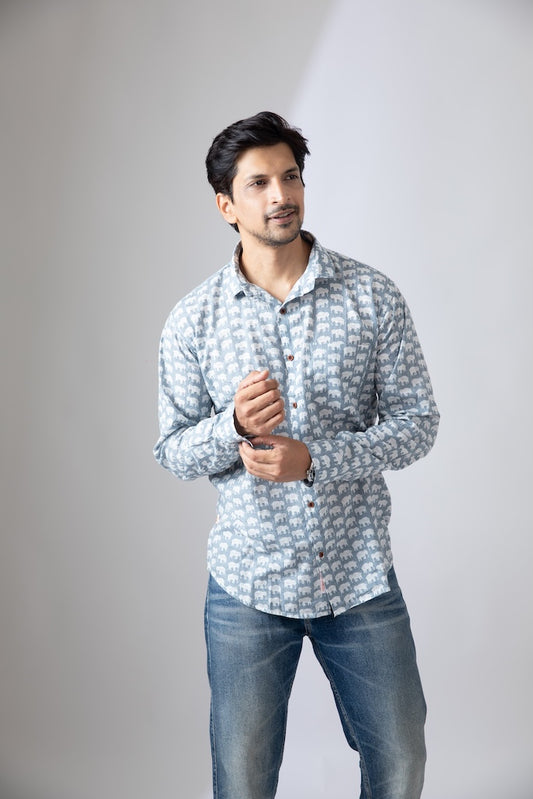 Small Elephant Print Grey Cotton Shirt For Men