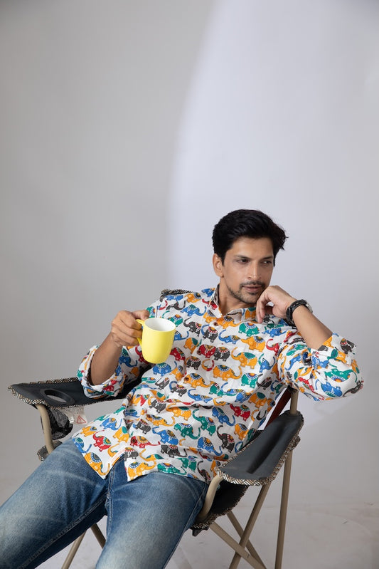 Quirky Traditional Elephant Print Cotton Shirt for Men