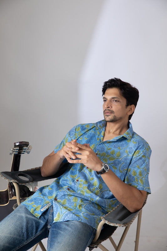 Half Sleeve Hand Block Blue Shirt for Men