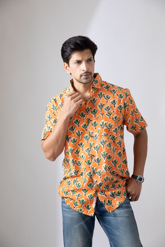 Orange Bold Floral Quirky Organic Mens Shirt
