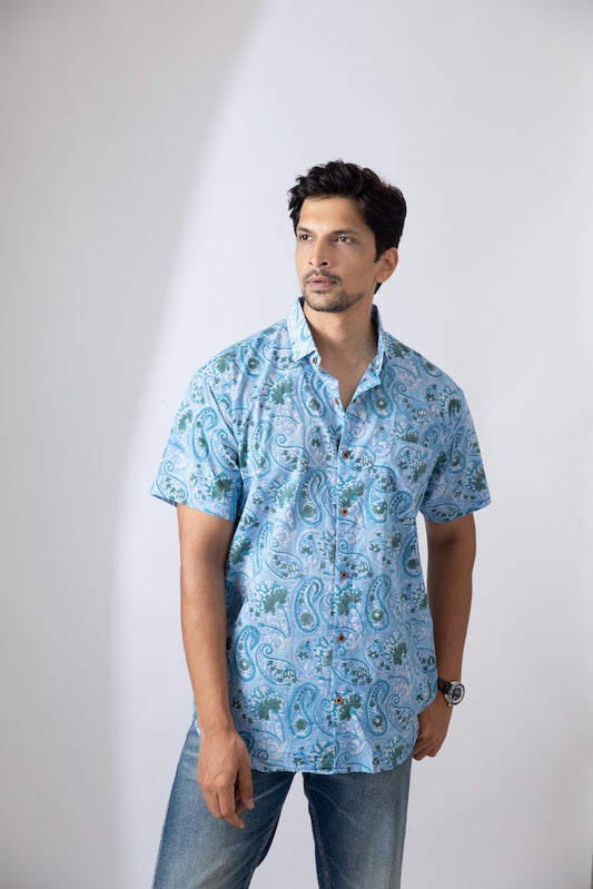 Sky Blue Indigo Print Organic Cotton Shirt