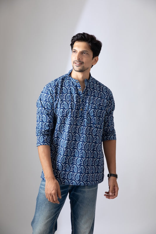 Natural Indigo Print Cotton Classic Short Kurta for Men