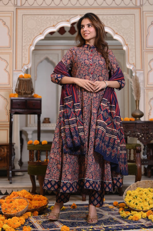 New Collection of Bagru Handblock Printed Anarkali Set With Mulmul Duptta