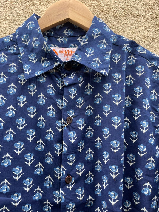 Indigo Print Cotton Mens Full Sleeves Shirt