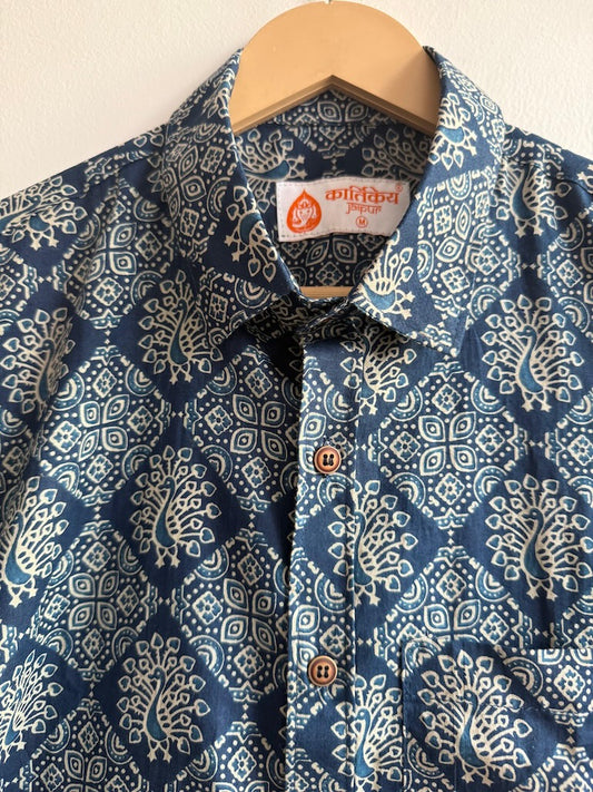 Festive Edit Indigo Cotton Full Sleeve Shirt For Men - Peacock