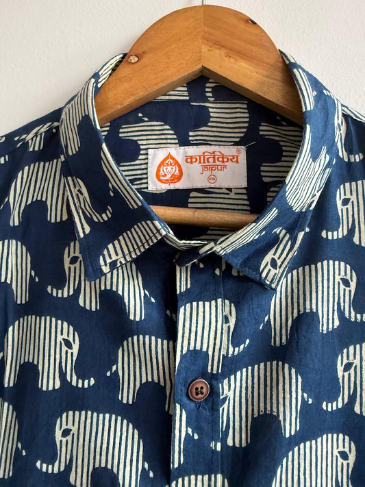 Indigo Print Cotton Mens Full Sleeves Shirt - Ganesha Special
