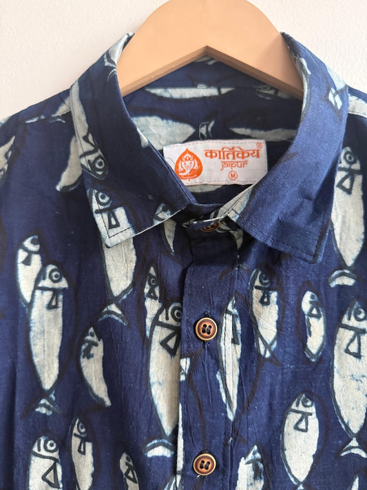 Natural Indigo Fish Print Men's Shirt