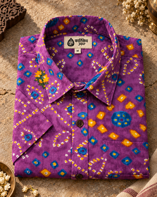 Cotton Half Sleeve Bandhej Print Purple Shirt for Men - Festive Edit