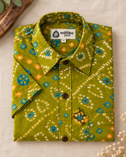 Cotton Half Sleeve Bandhej Print Shirt for Men - mehendi ceremony