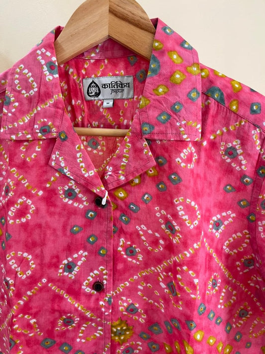 Oversized Bandhej Print Cuban Shirt For Womens - Peach