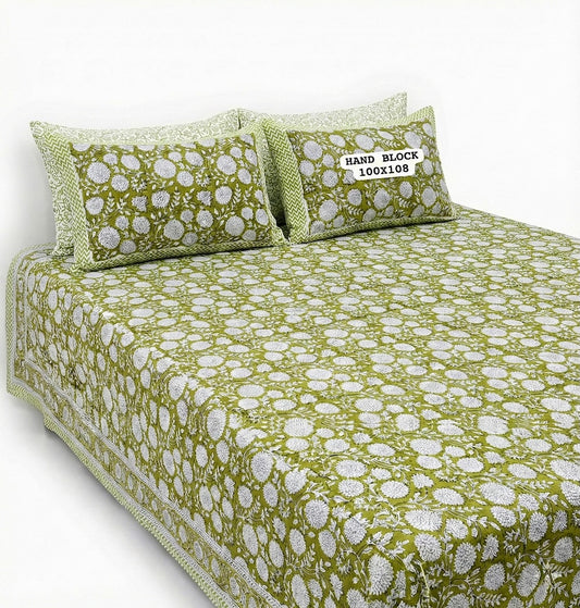 Hand Block King Size Cotton Bedsheet with 2 Zipped Reversable Pillow Covers
