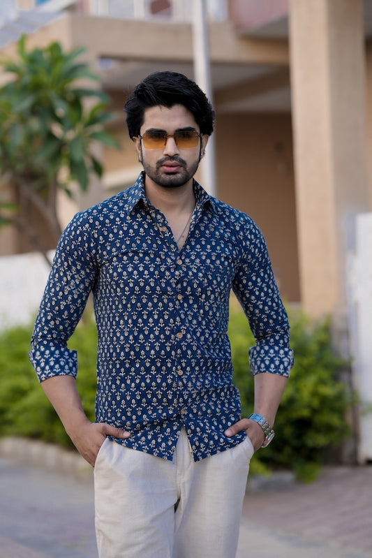 Block Printed Cotton Mens Full Sleeves Shirt