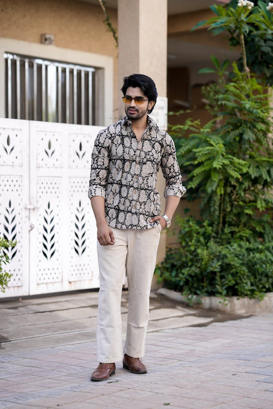 Block Printed Cotton Mens Full Sleeves Shirt