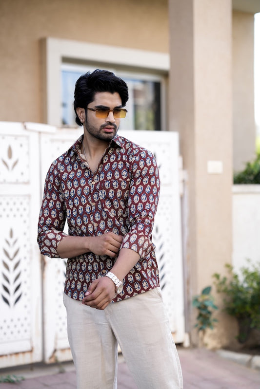 Block Printed Cotton Men Full Sleeves Shirt - Kalamkari