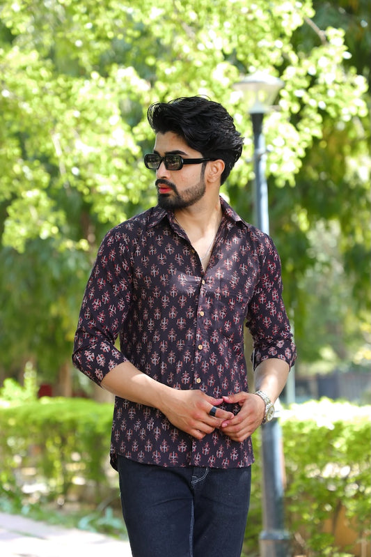 Bagru Block Printed Cotton Mens Full Sleeves Shirt