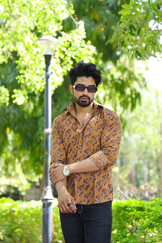 Block Printed Cotton Men Full Sleeves Shirt