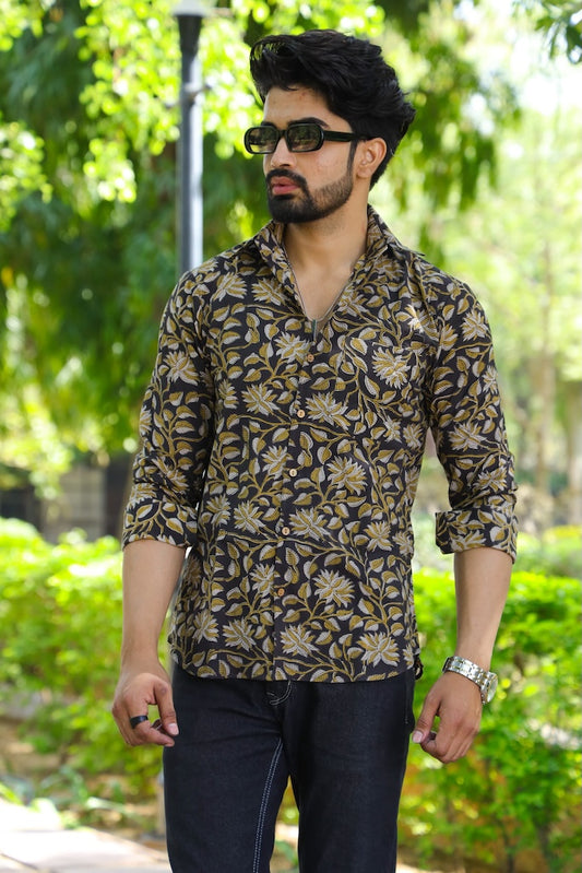 Block Printed Cotton Men Full Sleeves Shirt