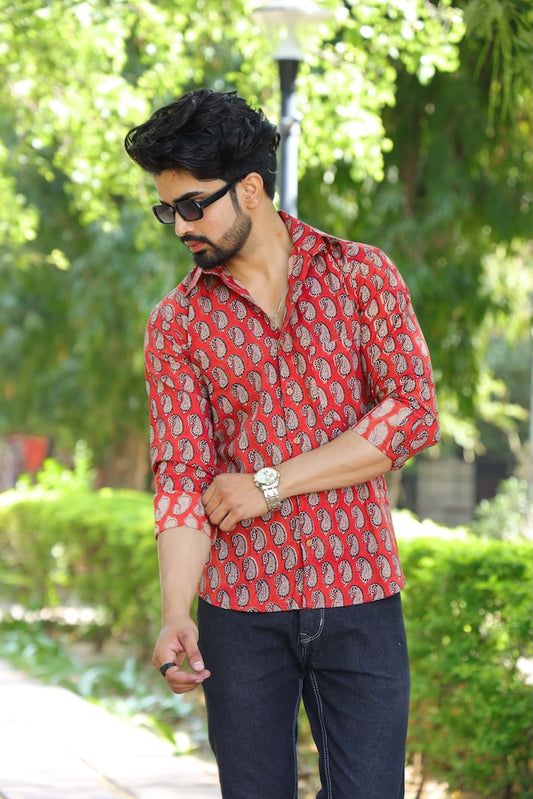 Block Printed Cotton Men Full Sleeves Shirt