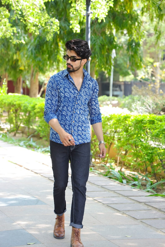 Classic Indigo Block Printed Cotton Mens Full Sleeves Shirt