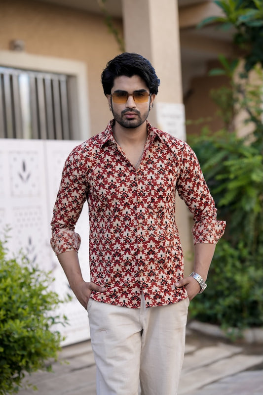 Block Printed Cotton Mens Full Sleeves Shirt