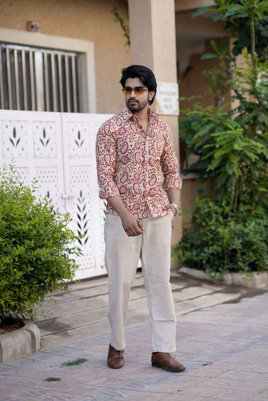 Block Printed Cotton Mens Full Sleeves Shirt