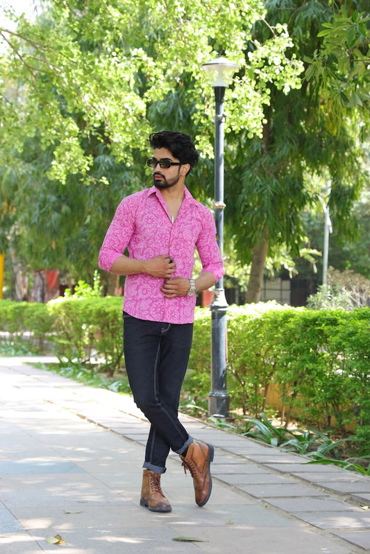 Block Printed Cotton Men Full Sleeves Shirt