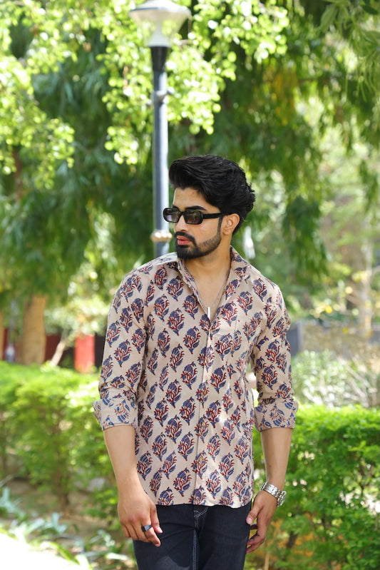 Bagru Block Printed Cotton Mens Full Sleeves Shirt