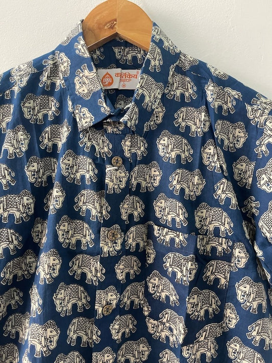 Kartikeya Jaipur Elephant Print Cotton Shirt For Men - Blue