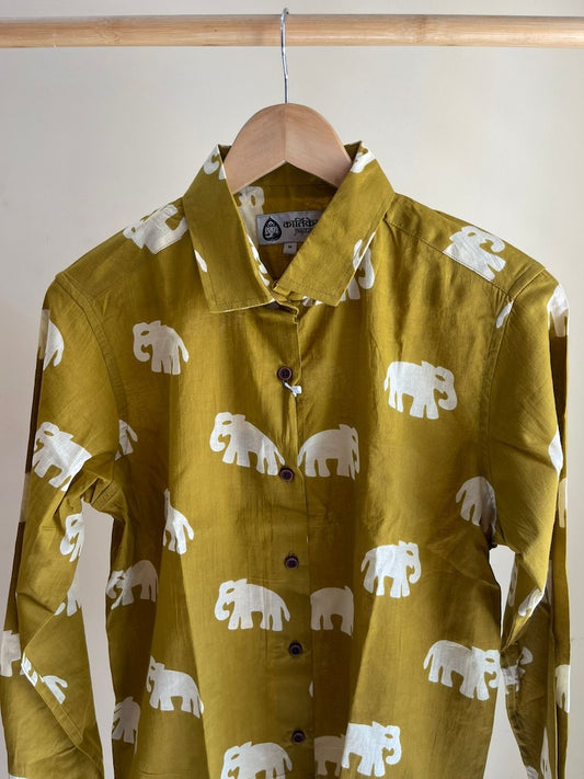 Mehendi Button Down Bold Elephant Print Cotton Shirt for Women