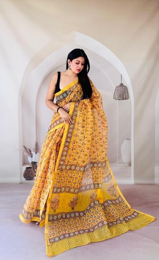 Kota Doria Bagru Printed Saree