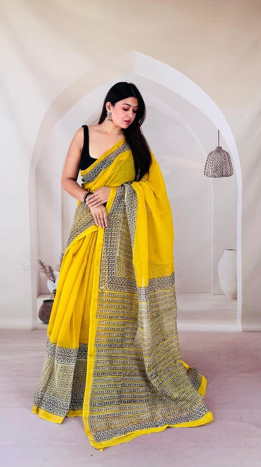 Kota Doria Bagru Printed Saree