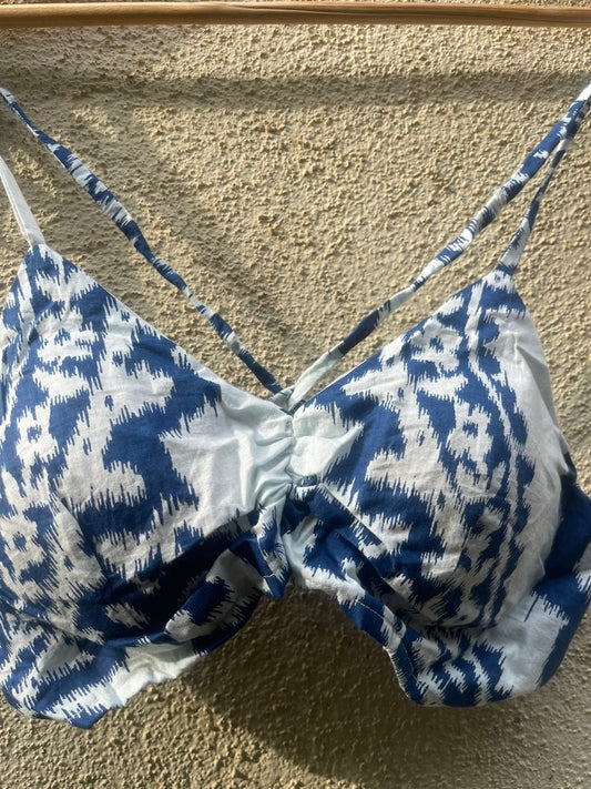 Indigo Print Cotton Padded Lace Bralette
