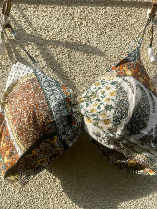 Printed Cotton Padded Lace Bralette