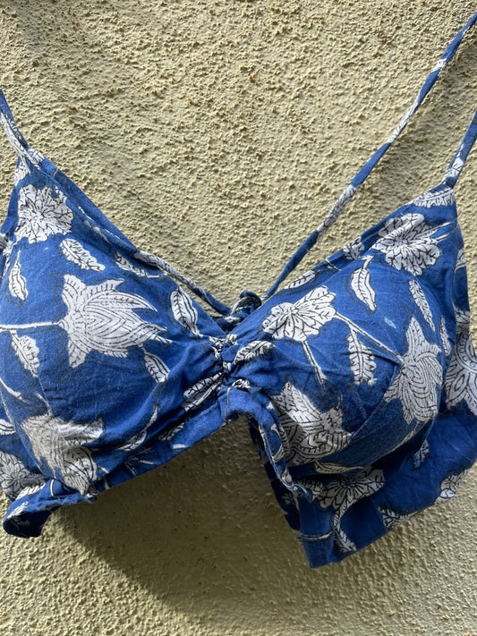 Indigo Print Cotton Padded Lace Bralette