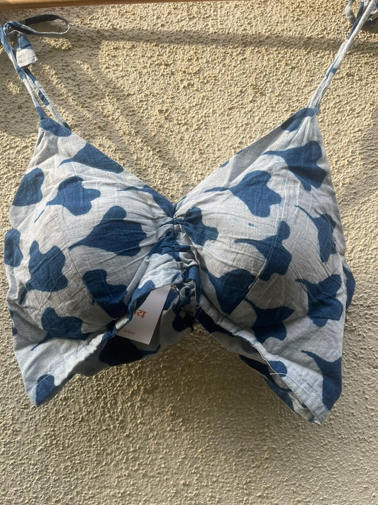 Indigo Print Cotton Padded Lace Bralette