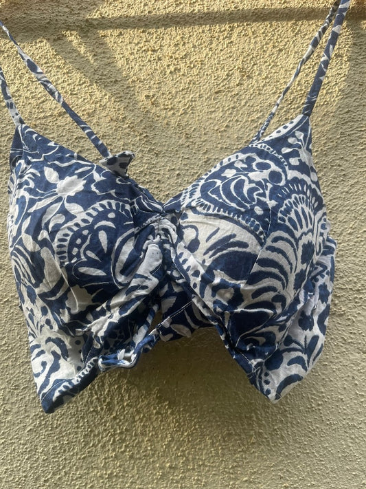 Indigo Print Cotton Padded Lace Bralette