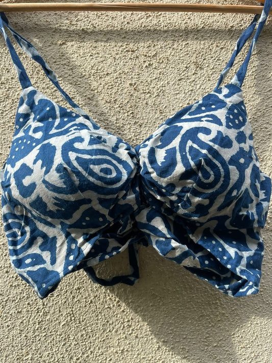 Indigo Print Cotton Padded Lace Bralette