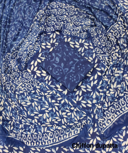 Handblock Printed Cotton Suits  With Chiffon Dupatta