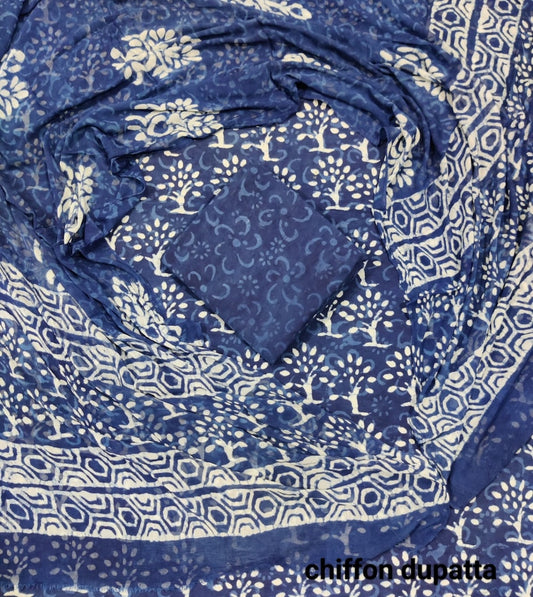Handblock Printed Cotton Suits  With Chiffon Dupatta