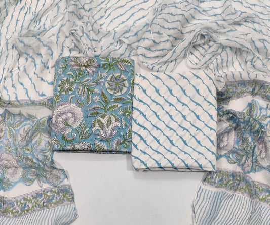 Handblock Printed Cotton Suits  With Chiffon Dupatta