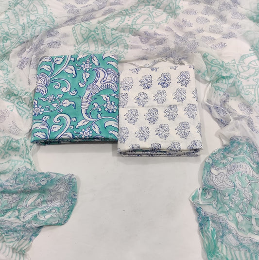 Handblock Printed Cotton Suits  With Chiffon Dupatta
