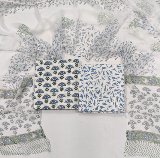 Handblock Printed Cotton Suits  With Chiffon Dupatta