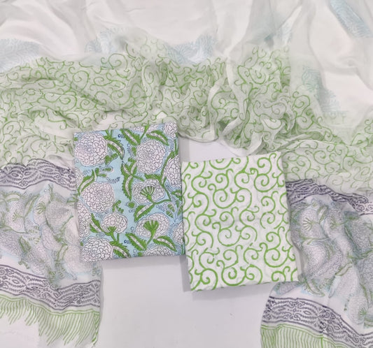Handblock Printed Cotton Suits  With Chiffon Dupatta