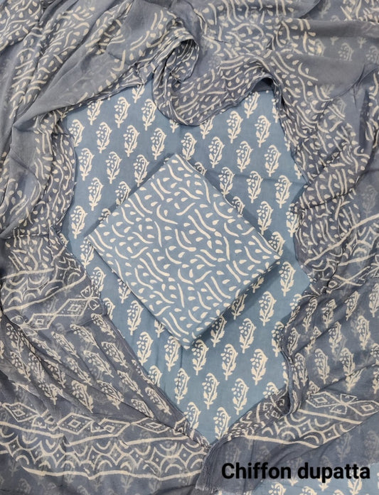 Handblock Printed Cotton Suits  With Chiffon Dupatta