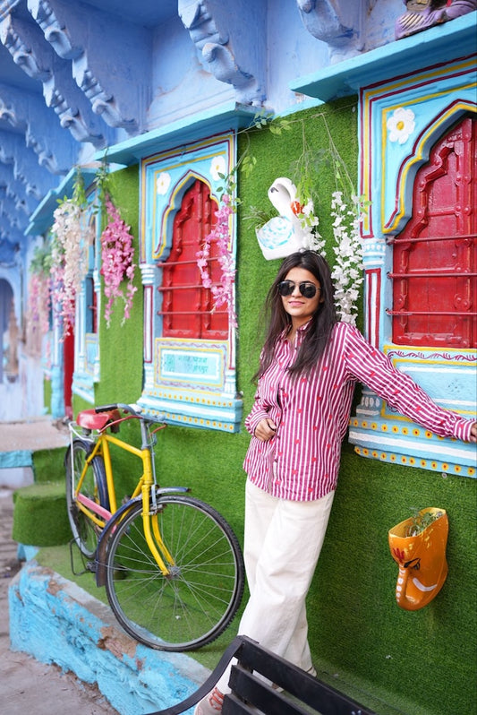 Women Conversational Striped Cotton Causal Shirt