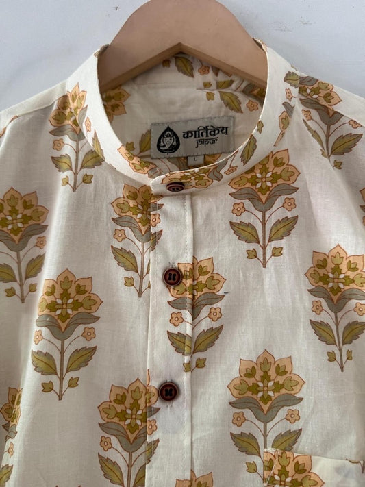 Floral Print Mandarin Collar Cotton Shirt for Men