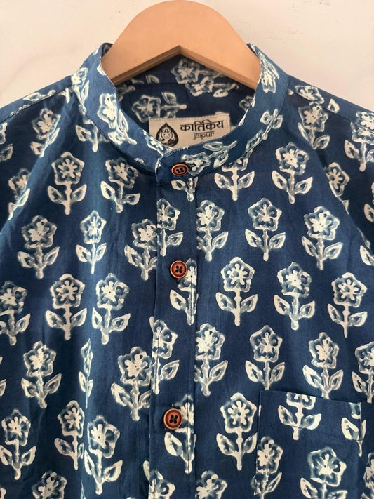 Sanganeri Print Mandarin Collar Cotton Shirt for Men
