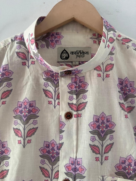 Floral Print Mandarin Collar Cotton Shirt for Men